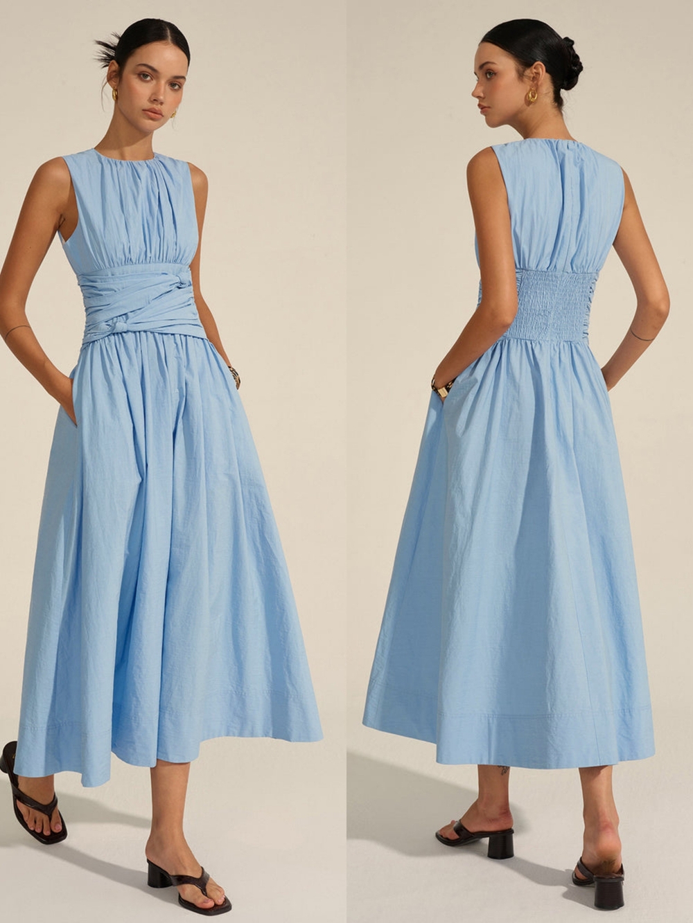 Commense Dress Womens L Blue Ruched Waist Maxi Cotton Blend Cottagecore Romantic
